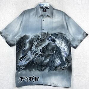 VTG Y2K Billion Bay Tiger vs Dragon AOP Shirt Mens M Japanese Sumi Art Clubwear